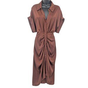 Steve Madden Ruched Button Front Midi Dress Tie Waist Minimalist Neutral Size 12